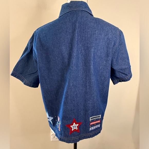 Koret vintage cotton denim patchwork embroidered short sleeve shirt SZ SM - Picture 4 of 12